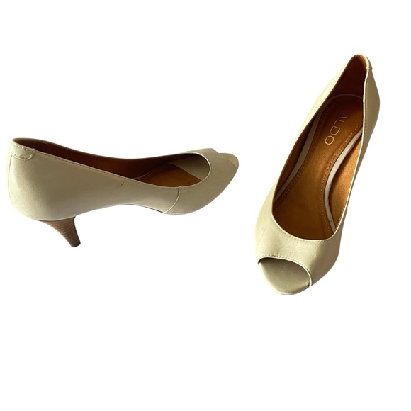 Aldo Cream Peep Toe Kitten 3” Heels Office Feminine Versatile Classic Size 7.5 - Picture 1 of 11